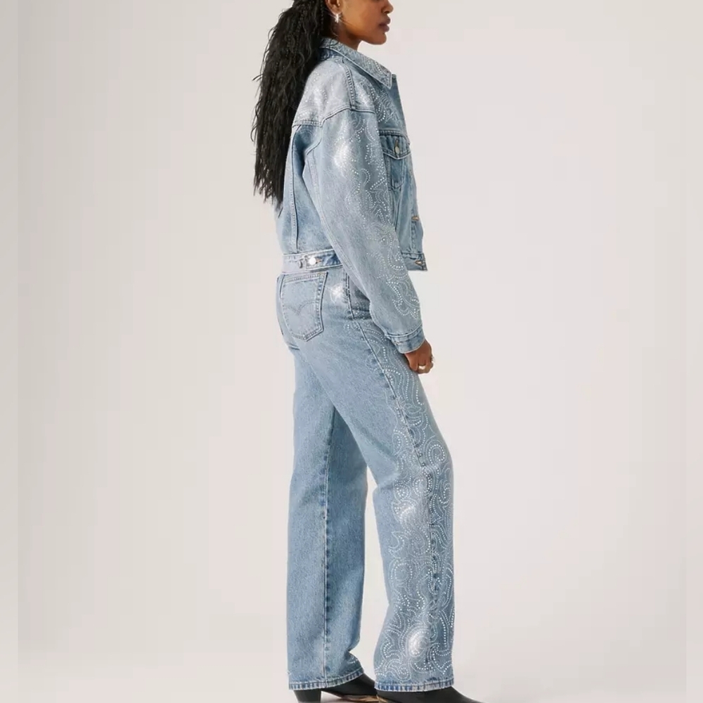 Beyoncé X Levi’s® Shrunken '90s Trucker Jacket Western Crystal Dark Blue Bnwt - Picture 12 of 16